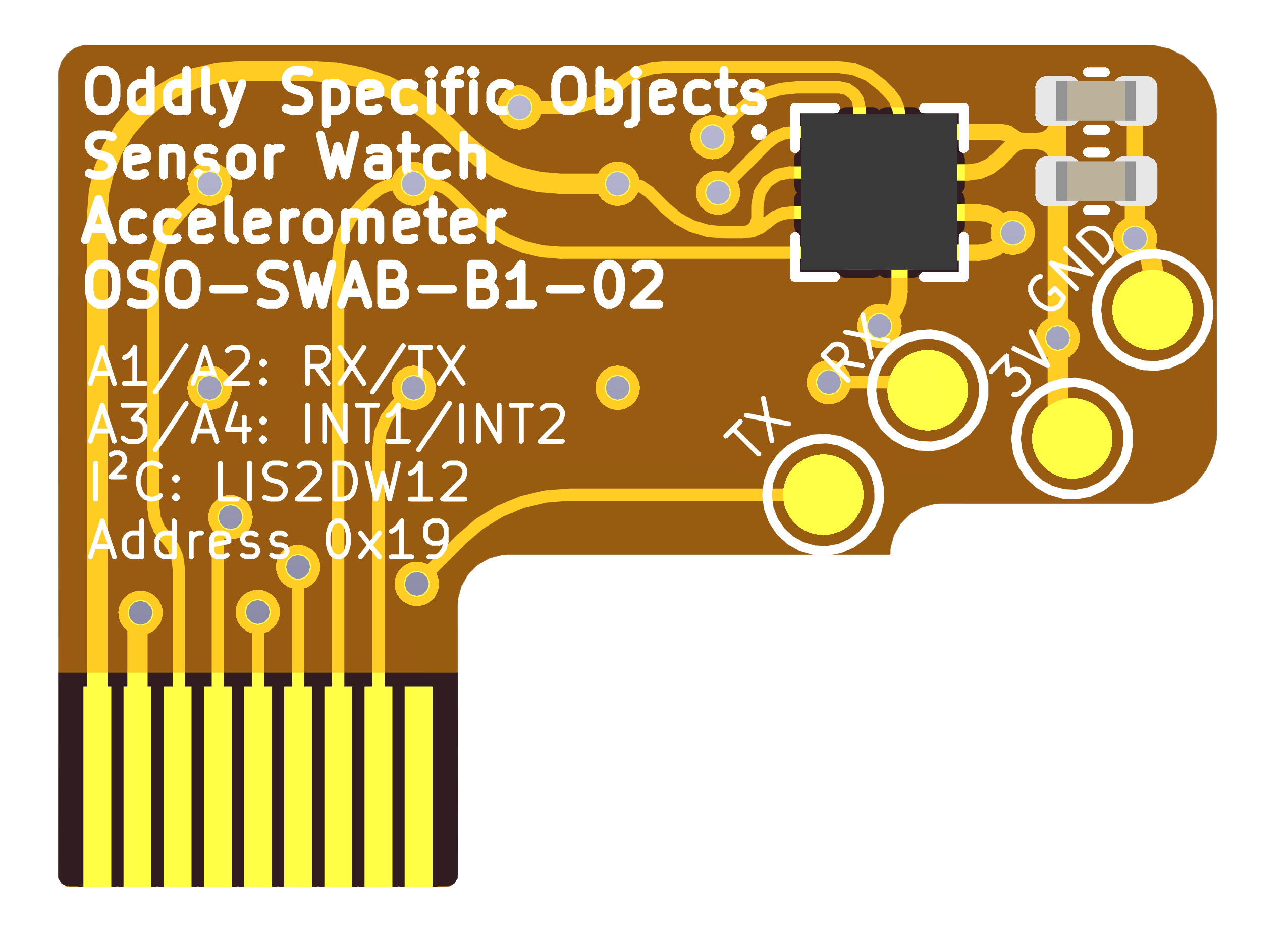 Rendering: an L-shaped flex PCB labeled “Sensor Watch Accelerometer”