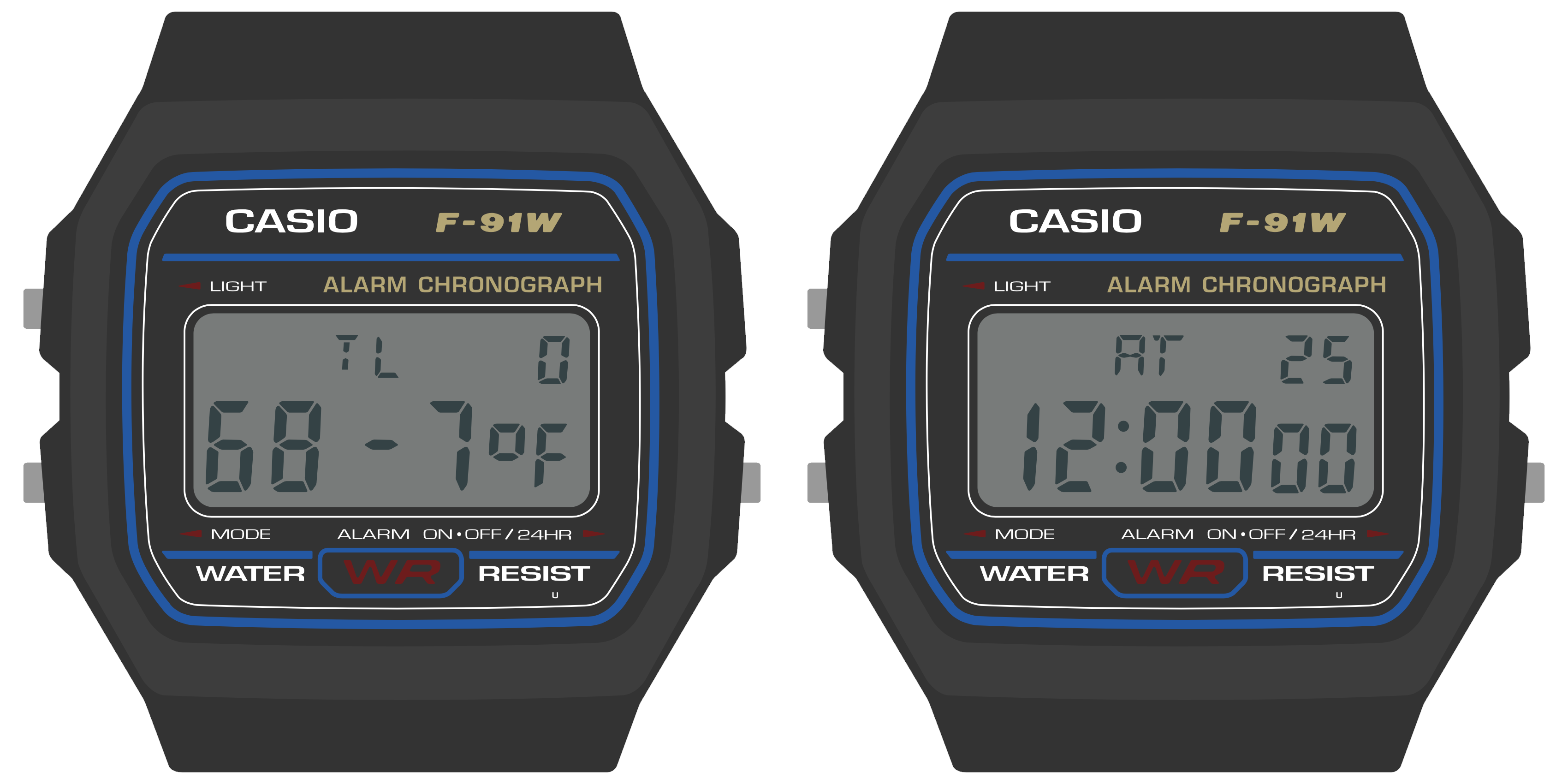 Rendering: a temperature logging app, showing the logged temperature of 68.7 degrees Fahrenheit, and a 0 at the top right. A second screen to the right displays “At 12:00” with a 25 at the top right